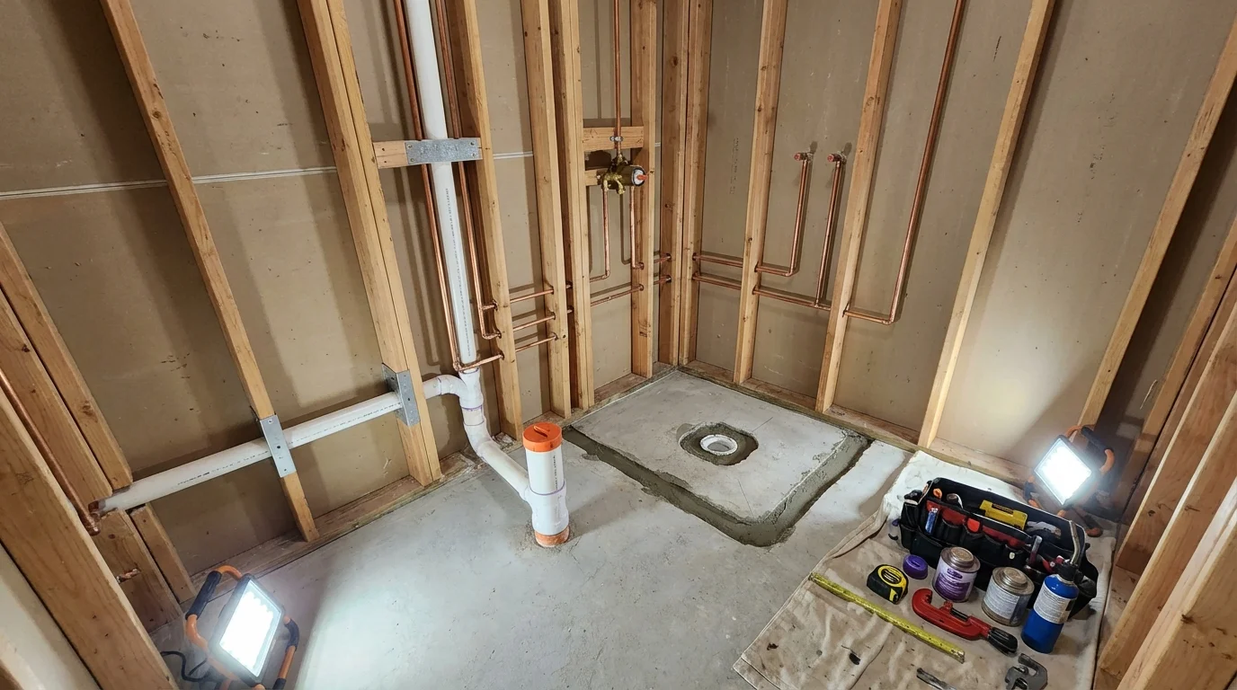 Bathroom rough-in plumbing during remodel by Johns Plumbing LLC in East Dennis