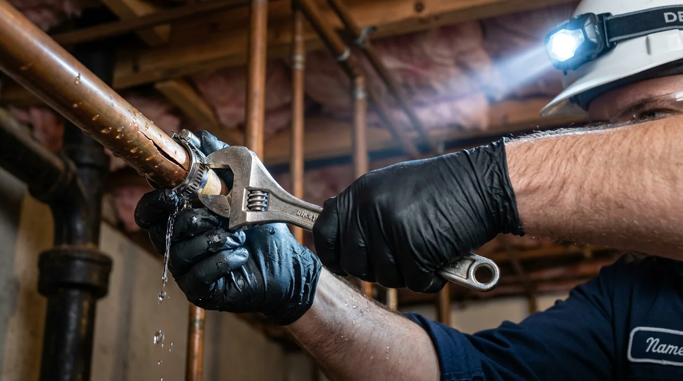Emergency pipe clamp repair being performed by a Johns Plumbing LLC plumber in East Dennis