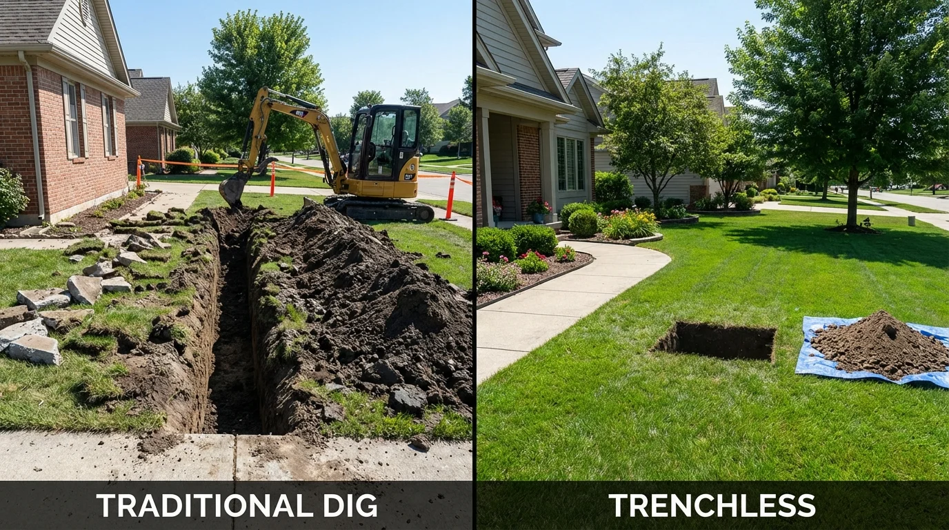 Trenchless sewer repair with minimal yard damage versus traditional excavation in East Dennis, MA