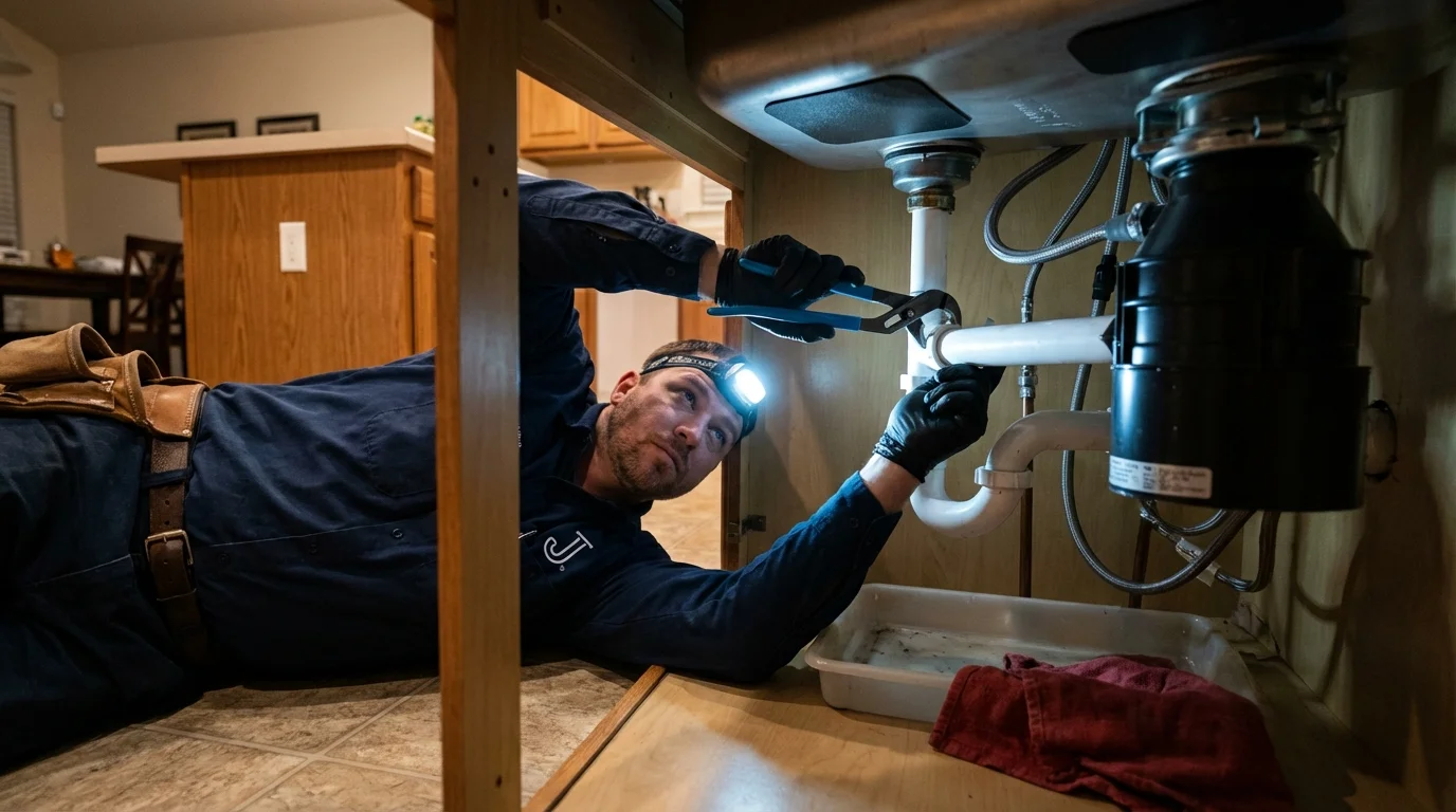P-trap and supply line connections under a kitchen sink showing a common leak point in East Dennis, MA